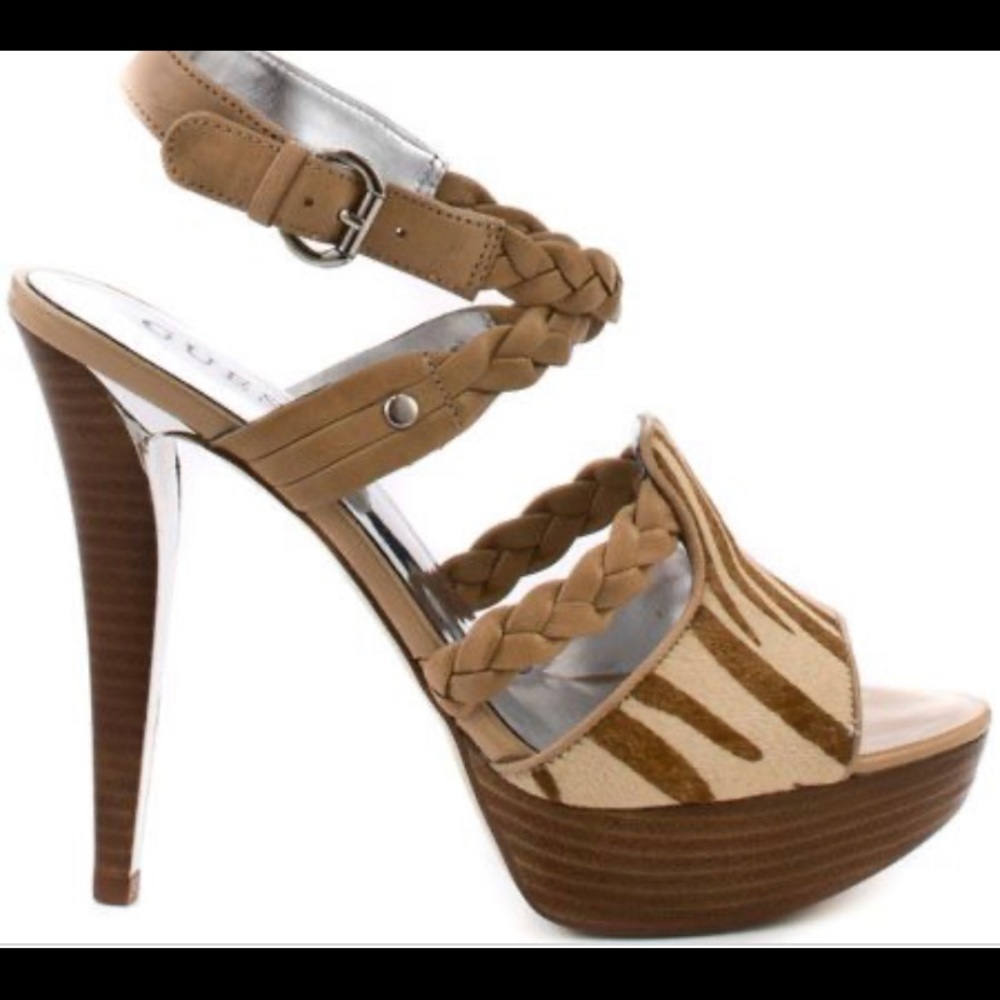 GUESS Karenly Natural Multi Pony Hair Printed Heels Sandals Size 10M with Box